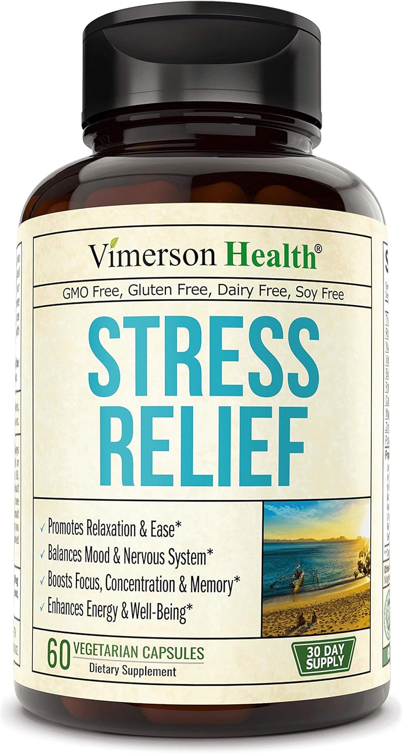 Stress Relief Mood Enhancer Supplement. Relief from Occasional Stress, with Biotin, 5-HTP, Valerian, Lutein, Vitamin B1 B2 B5 B6, L-Theanine, St. John's Wort, Ashwagandha, Chamomile. Niacin, GABA.: Health & Personal Care
