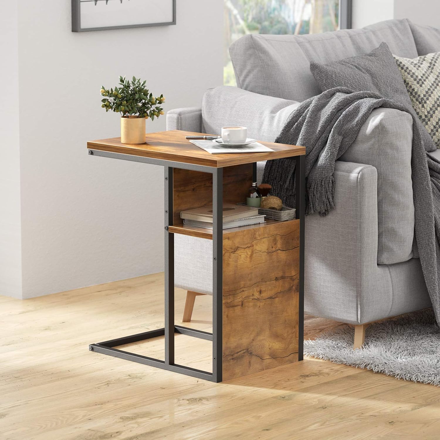 Cubiker Sofa Side End Table, C Shaped Reversible Table with Wooden Shelf, Side Table for Living Room, Bedroom, Metal Frame Nightstand: Kitchen & Dining