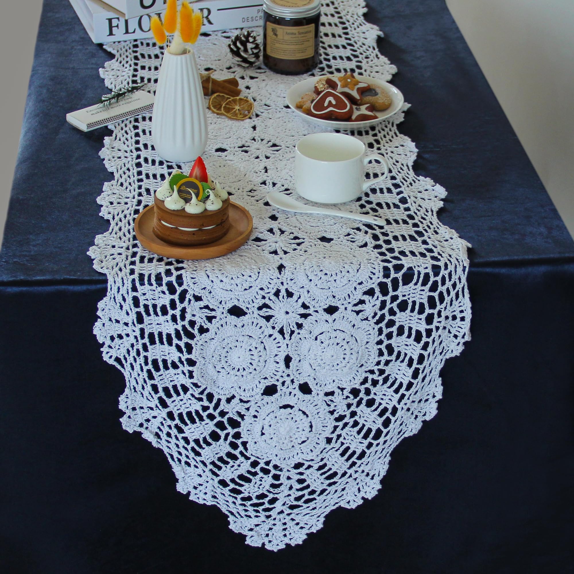 kilofly Handmade Crochet Cotton Lace Table Runner Tablecloth, 15 x 60 inch