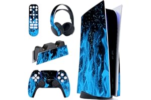PlayVital Blue Flame Full Set Skin Decal for ps5 Console Disc Edition, Sticker Vinyl Decal Cover for ps5 Controller & Charging Station & Headset & Media Remote