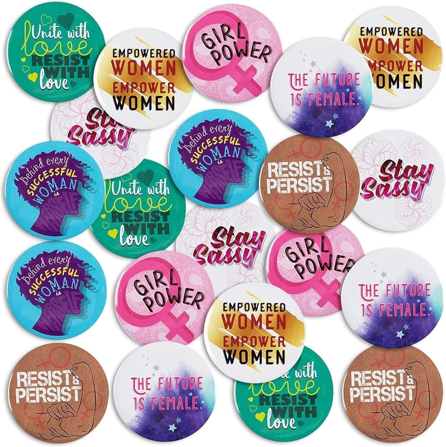 Feminist Button Pins in 8 Designs, Pinback Buttons for Women (2.25 in, 24-Pack): Clothing