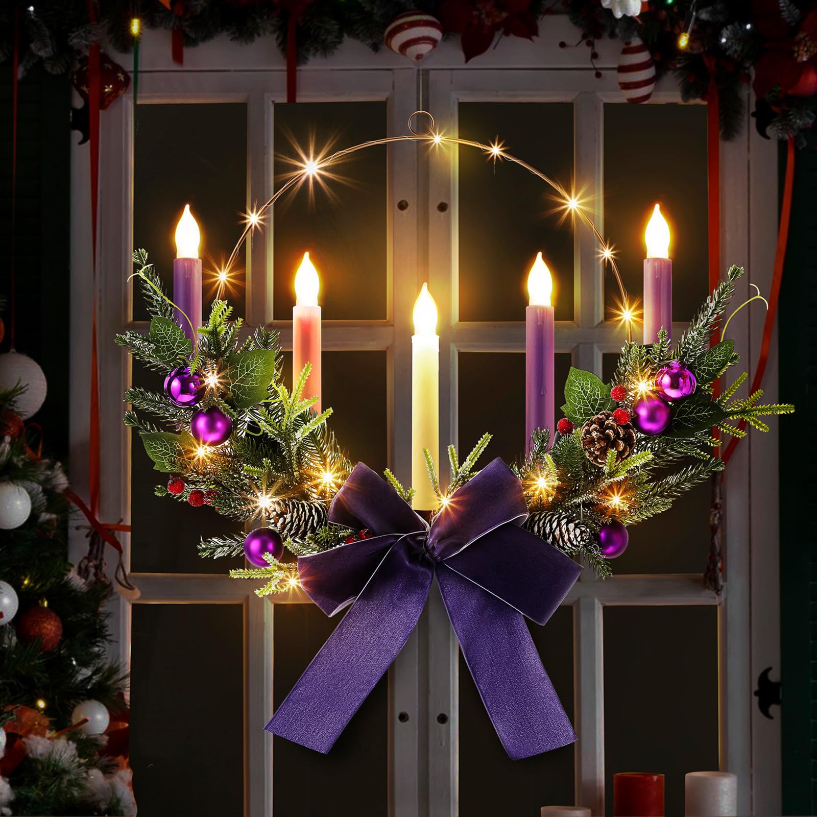 Photo 1 of Thiccywoov 1 Set Advent Wreath with Flameless Candles, 1 Advent Wreaths Candle Holder, 5 LED Advent Candles Purple Pink White Advent Candle Battery Operated, 1 LED Strings for Advent Party Decor