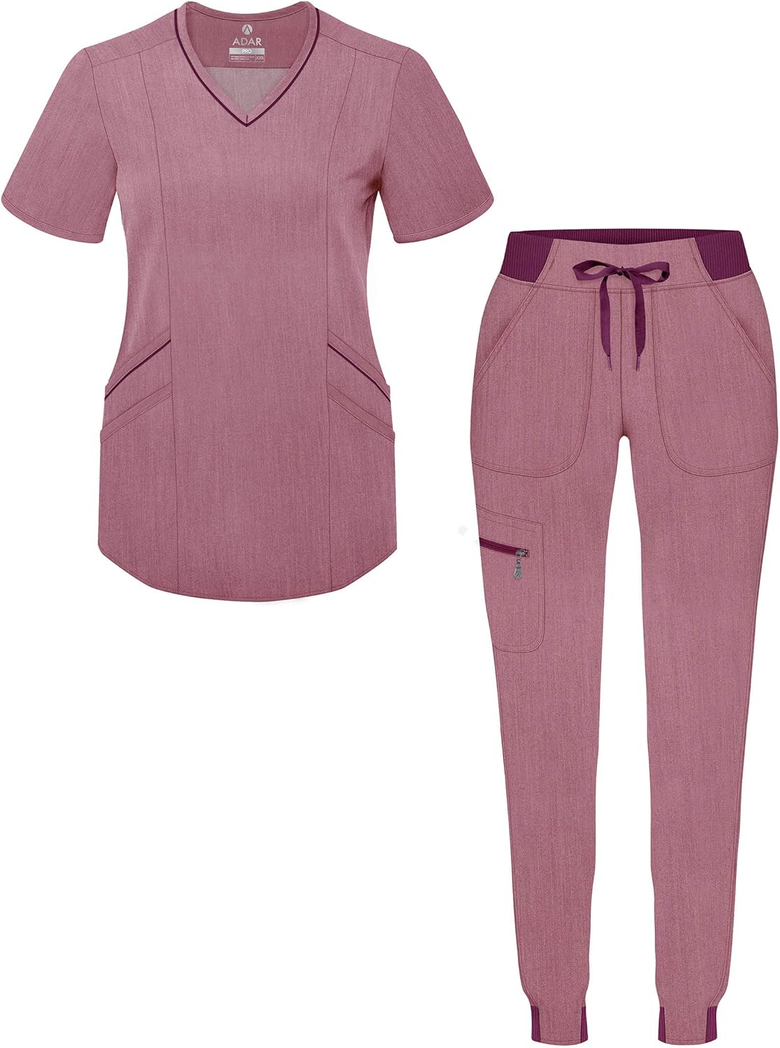 Adar Pro Heather Modern Athletic Scrub Set for Women - Modern V-Neck Scrub Top & Yoga Jogger Scrub Pants: Clothing
