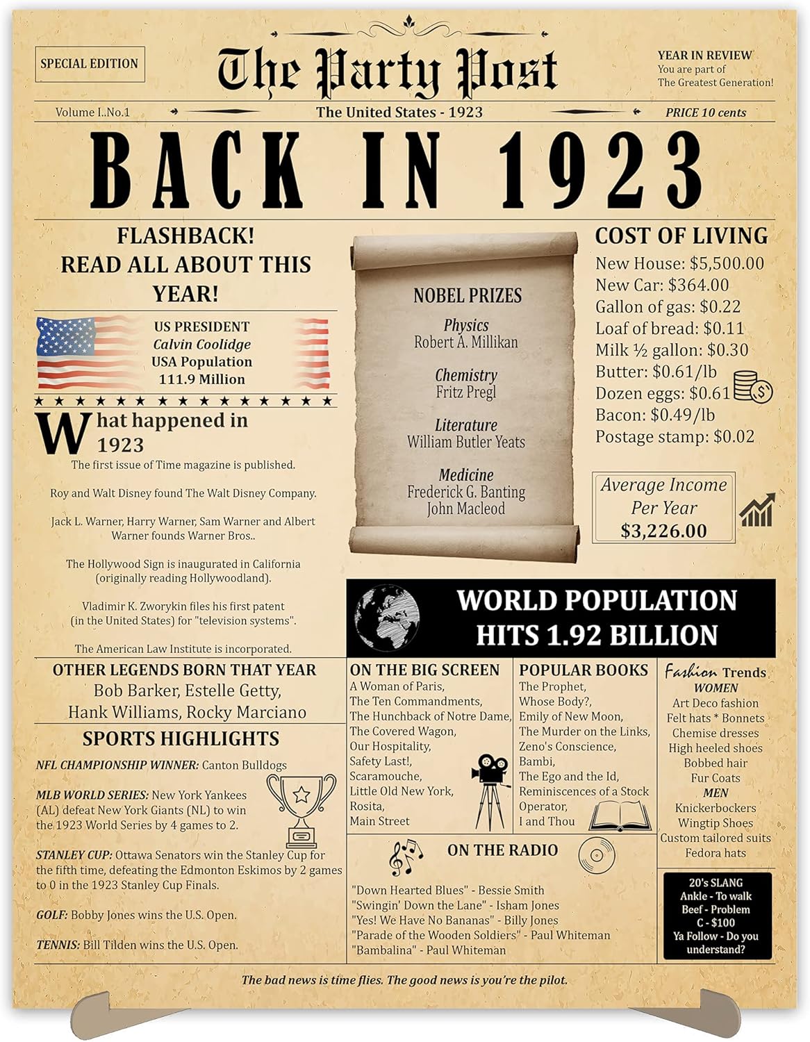 Wall Décor - 100th Birthday Party Decorations Poster - 100 Years Ago Anniversary Sign 11x14 In. Vintage Home Decor Supplies for Her or Him. Back In 1923 Historical Banner for Women or Men Turning 100 Years Old