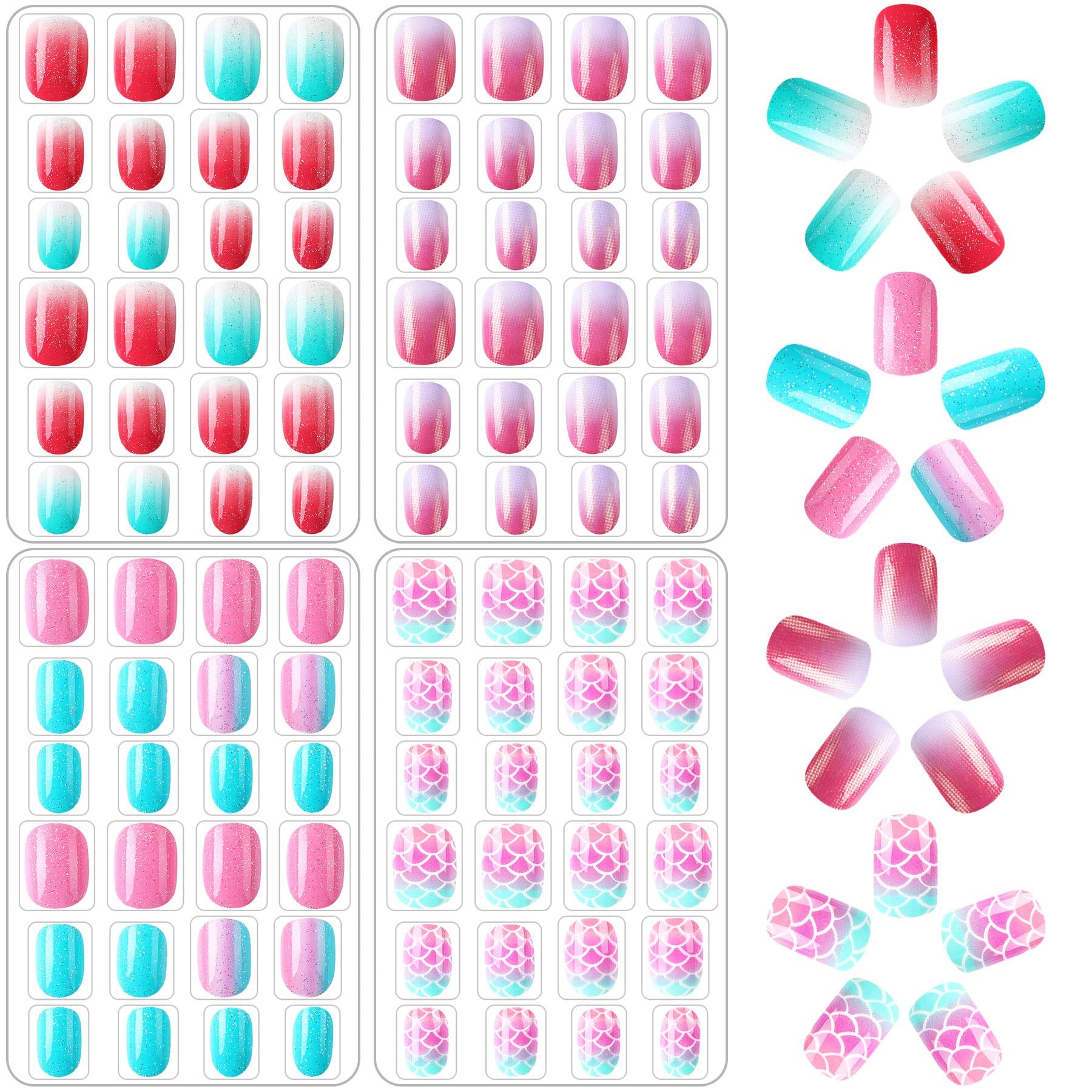 JANYUN 96 Pcs Kids Fake Nails Press on Nails for Girls Pre-glue Full Cover Short False Nails Children Nails Lovely Gift for Children(Colorful Gradient)