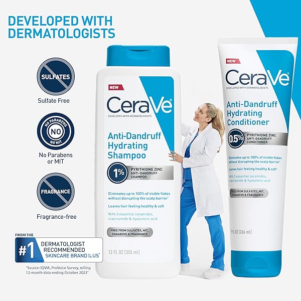 CERAVE HYDRATING ANTI DANDRUFF CONDITIONER, 0.5% PYRITHIONE ZINC DANDRUFF TREATMENT WITH CERAMIDES, HYALURONIC ACID & NIACINAMIDE, HELPS ELIMINATE FLAKES & REDUCE ITCHY SCALP, SULFATE FREE CONDITIONER