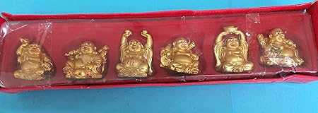 GREENTOUCH CRAFTS Odishabazaar Vastu Feng Shui Golden Set Of Laughing Buddha - 6 Pieces