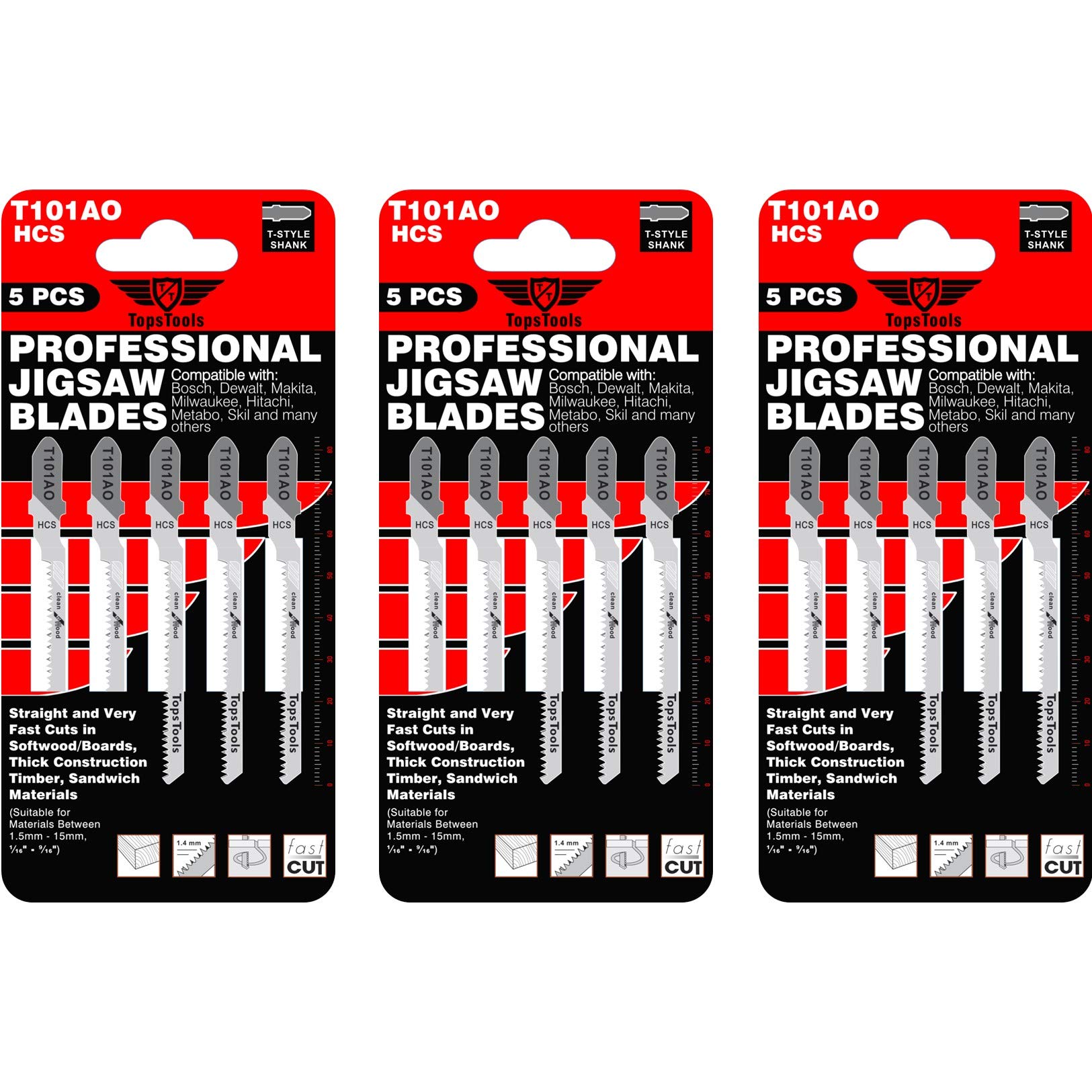 15 x TopsTools T101AO 83mm Jigsaw Blades Designed for Straight and Curved Cuts in Wood