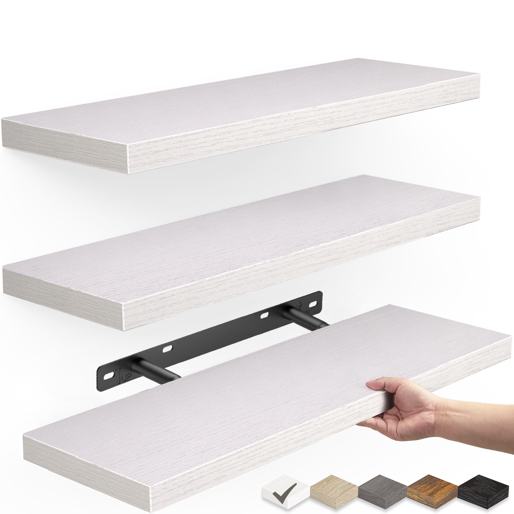 Photo 1 of BAYKA White Floating Shelves for Wall – Rustic Wood Wall Shelves with Metal Brackets for Bathroom, Bedroom, Kitchen, or Living Room Decor Organization – Set of 3, Sturdy Storage with 22lb Capacity