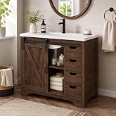 ONBRILL 36" Farmhouse Barn Door Bathroom Vanity with Sink, 4 Drawers, Brown | Freestanding vanity with adjustable shelving, durable MDF construction, and integrated SMC basin top for organized storage