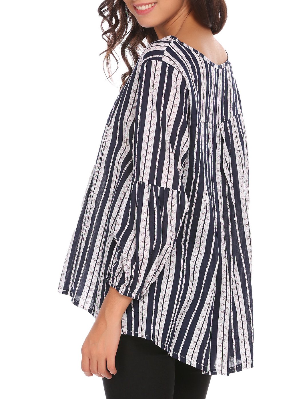 SE MIU Women\'s Long Sleeve High Low V Neck Striped Shirt Blouse Tops