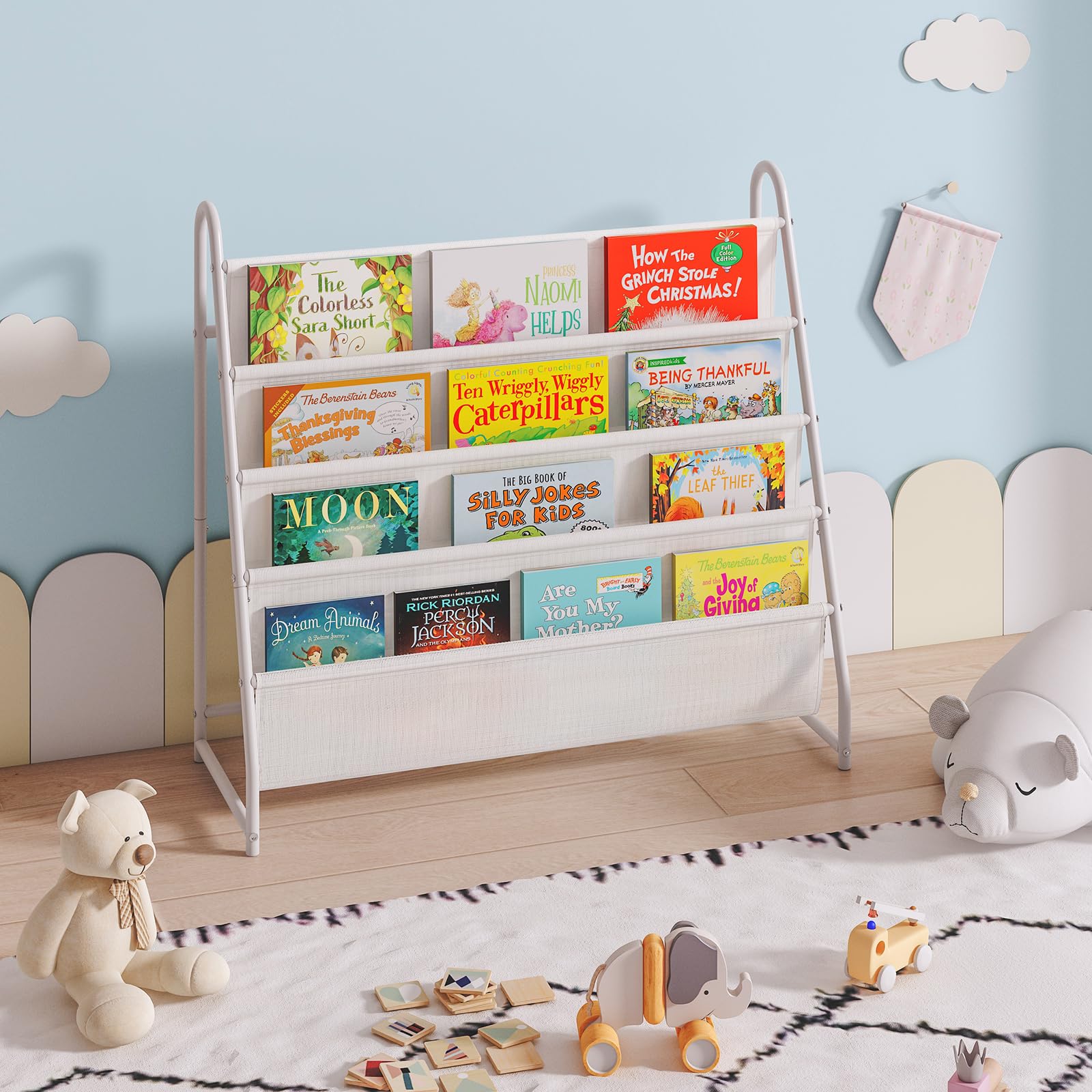 Tatub Kids Bookshelf with 4 Tier Deep Sleeves, Children Montessori Bookshelf Sling Storage Book Rock, Toddler Front Facing Display Book Shelf for Playroom Nursery Bedroom Classroom