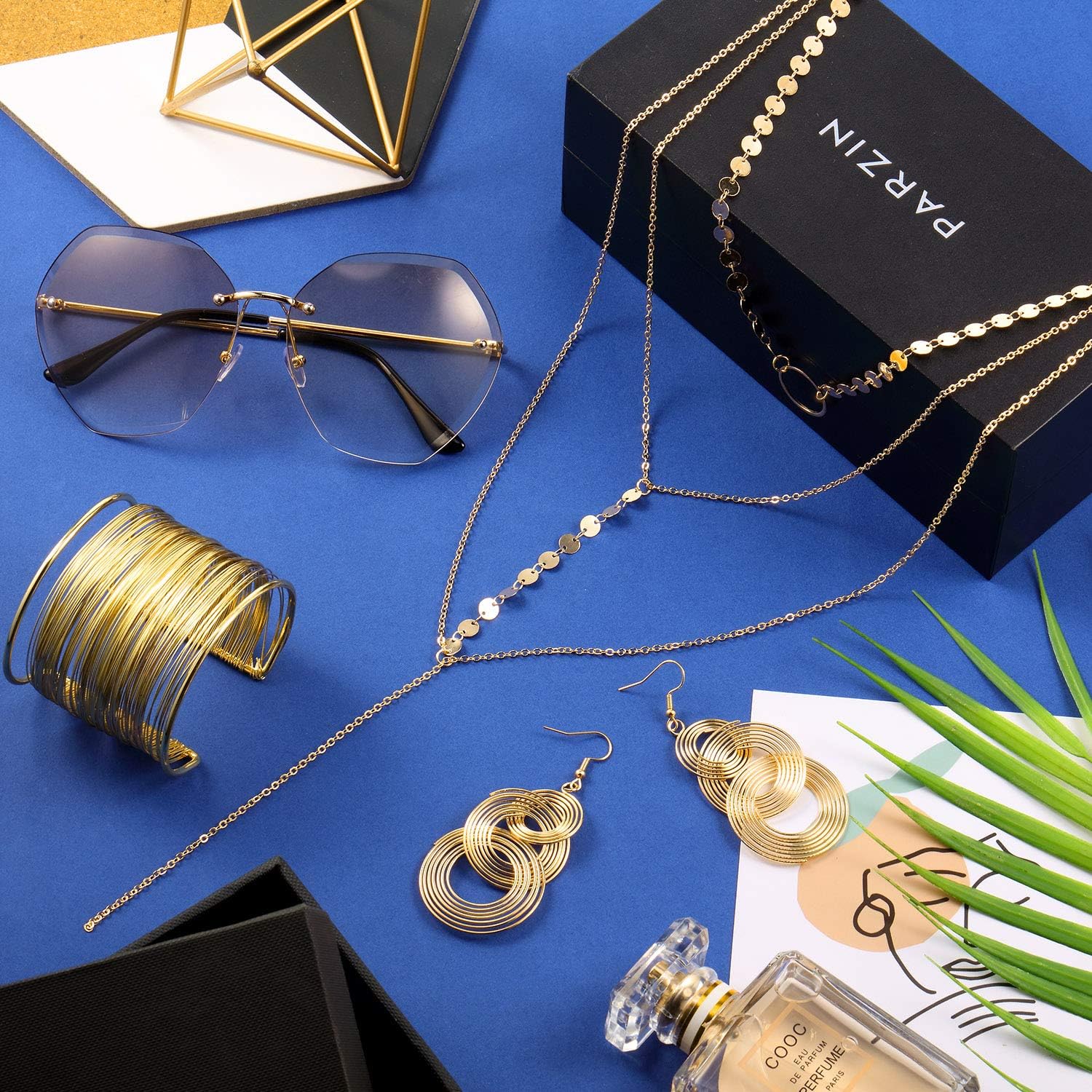70s Disco Set Rimless Diamond Cutting Sunglasses Wire Metal Coil Bracelets Layered Choker Necklace Gold Triple Swirl Disco Earrings: Jewelry
