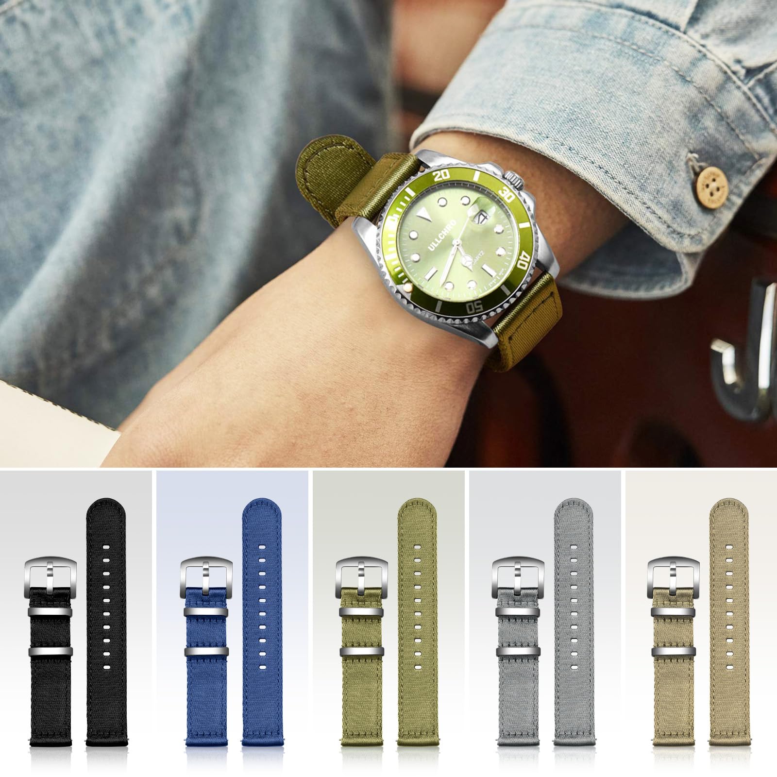 ULLCHRO Nylon Watch Strap Replacement Canvas Watch Band Military Army Men Women - 18mm, 20mm, 22mm, 24mm Watch Bracelet with Stainless Steel Silver Buckle