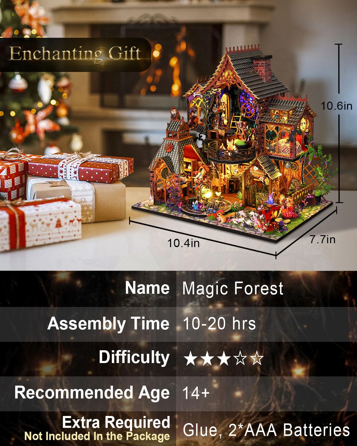 OurMiao DIY Miniature House Kit Magic Forest, Mini Doll House Building Kit with LED Lights Furniture, Miniature Dollhouse Kit Wooden Crafts for Adults Teens Gifts