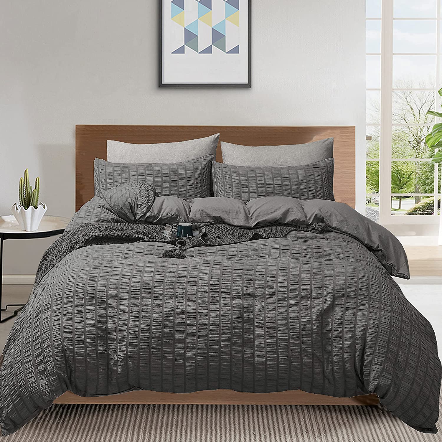 Seersucker Duvet Cover with Pillow Cases 100% Cotton Waffle Quilt Covers Pink Charcoal Silver Grey White Bedding Sets Double Super King Bed Set (Charcoal, King)