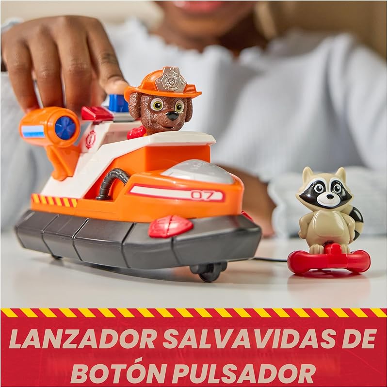 Fire Rescue: Barco de Rescate de Zuma con Personaje, Flotador Lanzable y Mapache, Juguetes para Niños y Niñas, 3+ Años