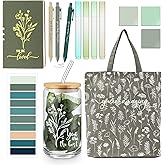 Singhoow 14 Pcs Inspirational Journal Kit for Women Aesthetic A6 Leather Journal Notebook Glass Cup Canvas Tote Bag Motivational Pens Stationery Set for Women Nurse Practitioner(Green)