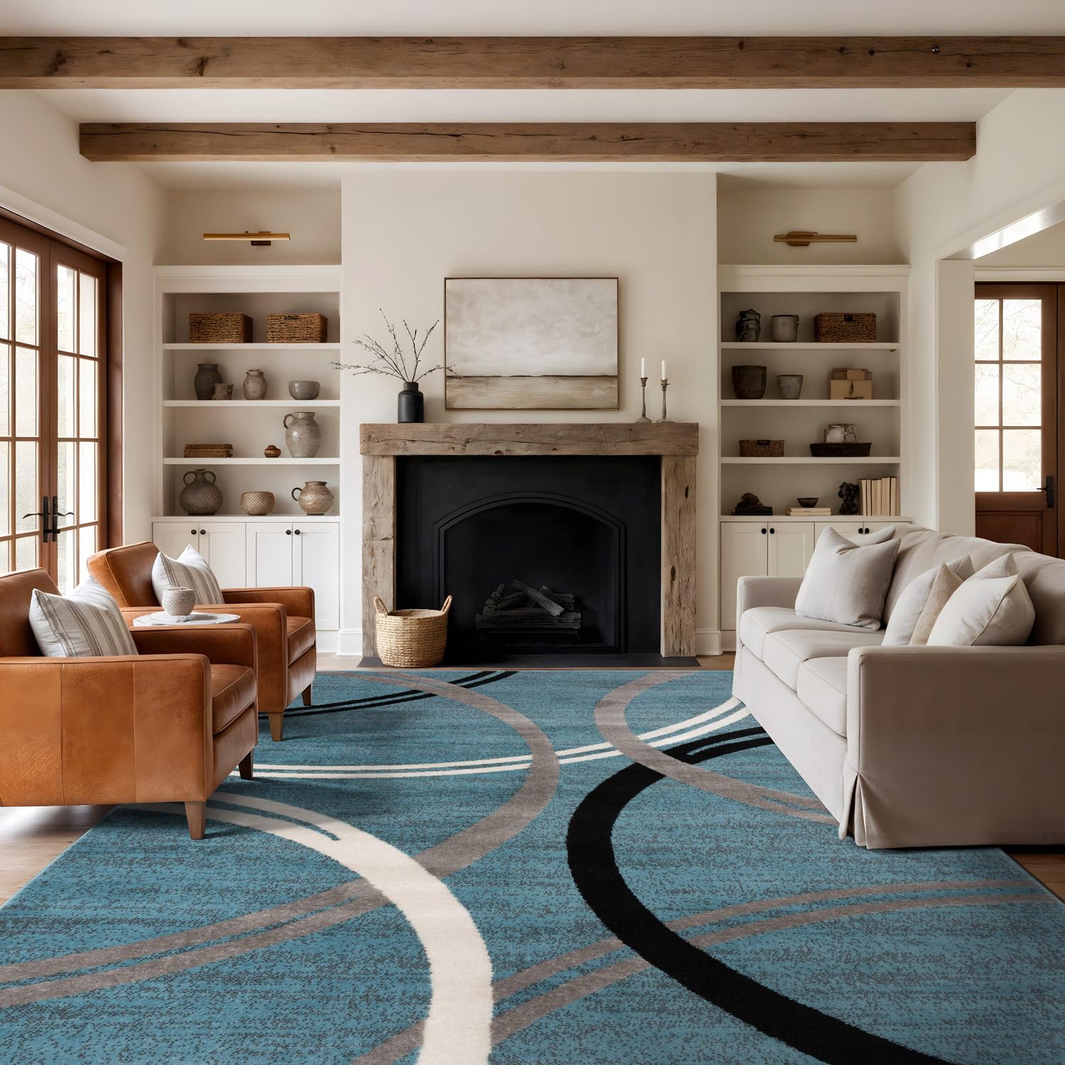 Rugshop Modern Wavy Circles Design Area Rug, Fade-Resistant Carpet for Living Room, Bedroom, or Office, Grand Room,Open Spaces Blue, 8'8" x 12' Image