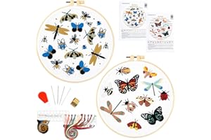 Armindou Hand Embroidery Starter Kits for Beginners Adults, Stamped Cross Stitch Kits for Beginners Adults, Embroidery Needlepoint Kit with Insect Pattern, 2 Embroidery Hoops (Attached Video Tutorial)