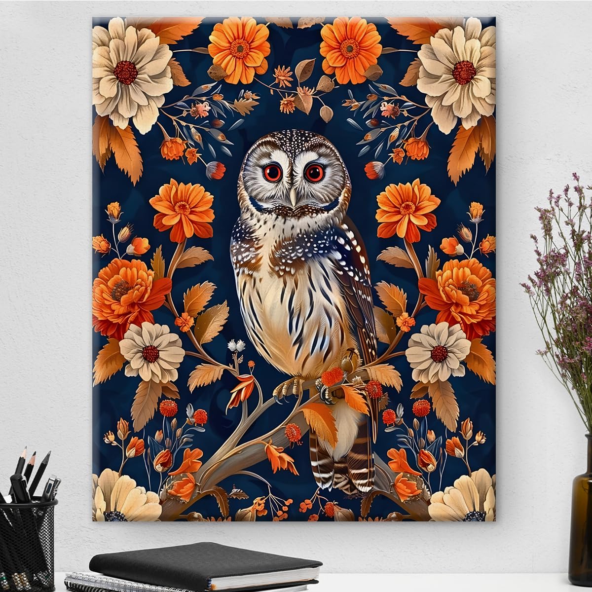 Photo 1 of Vintage Floral Owl Canvas Wall Art Owl Flowers Print Picture Aesthetic Painting for Home Farmhouse Living Room Bedroom Wall Decor 8x10 Inch