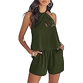 Jauoop Womens Summer Tie Halter Neck Jumpsuit Sexy Keyhole Backless Sleeveless Romper Casual Playsuit with Pockets