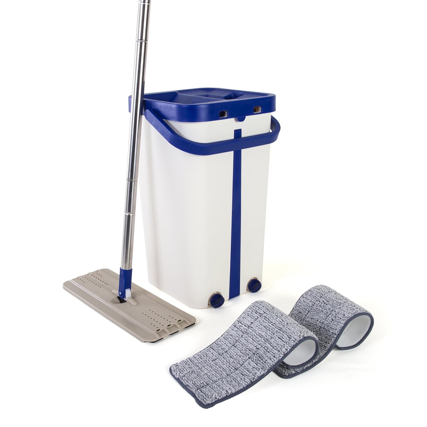 Kitchen + Home Mop and Bucket - Self Cleaning Flat Mop with Bucket Wringer and 2 Reusable Microfiber Mop Pads for Wet and Dry Mopping on All Surfaces