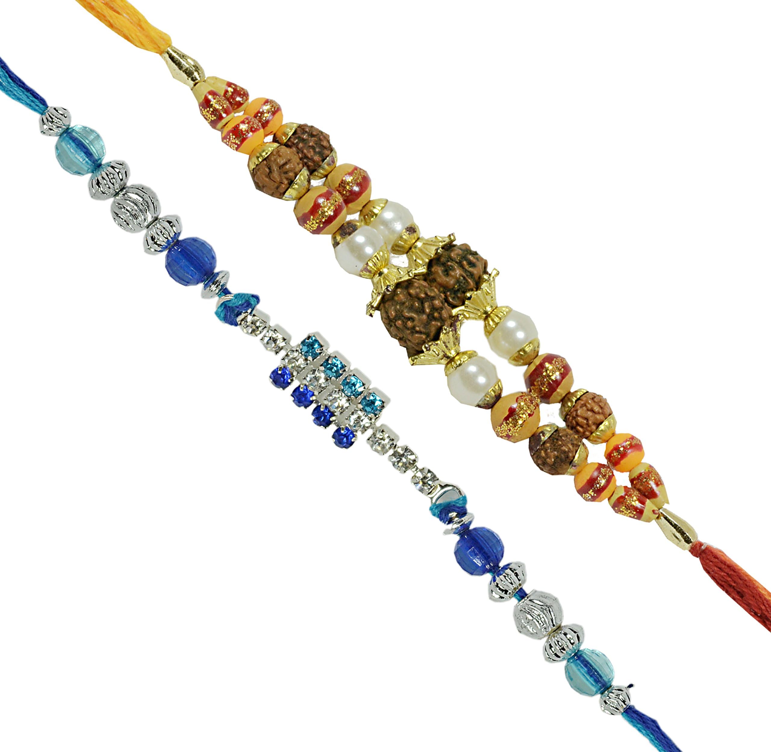 Set of Two Rakhi Bracelets in Individual Designs – Handmade Free Size Rakhi/Rakhri/Friendship Bracelet Thread with Beautiful Multi-Coloured Beads in Traditional Indian Colours (Design 6641)