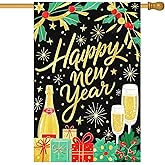 HOMETITUTE Happy New Year House Flag 28x40 Inch Champagne Bottle Gift Boxes and Fireworks Winter Garden Flag Outdoor Yard Decoration Holiday Welcome Banner for Home Porch Lawn
