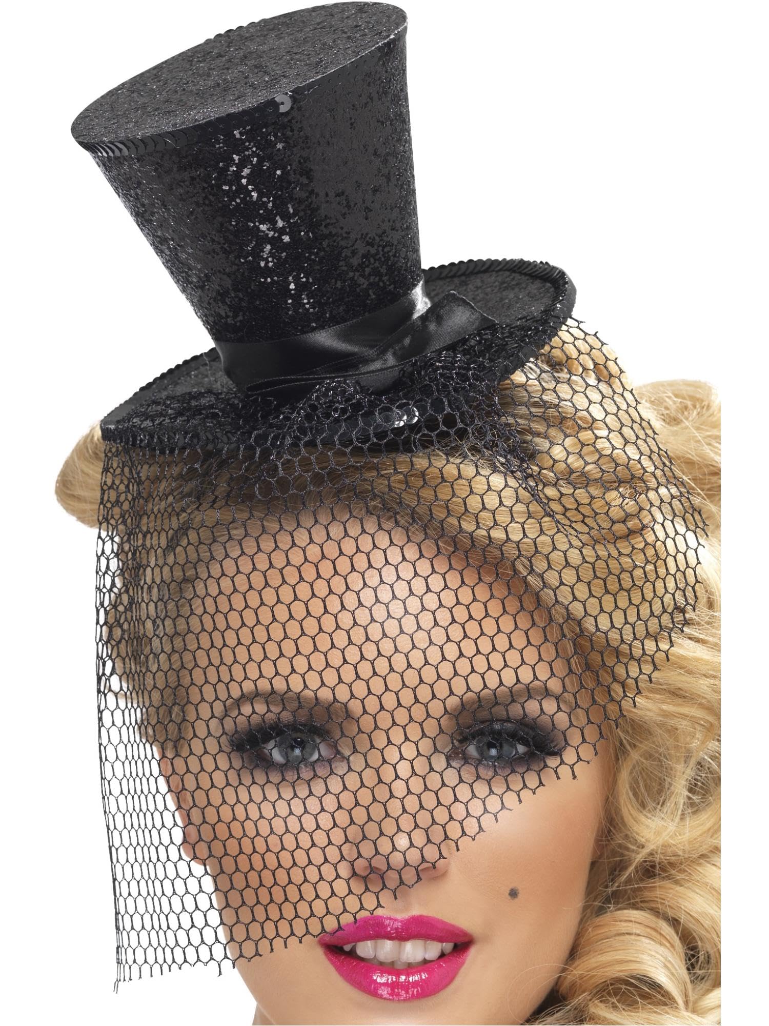 Smiffys Fever Mini Top Hat on Headband, Black with Detachable Netting, Fever Accessories Fancy Dress, Fever Dress Up Hats