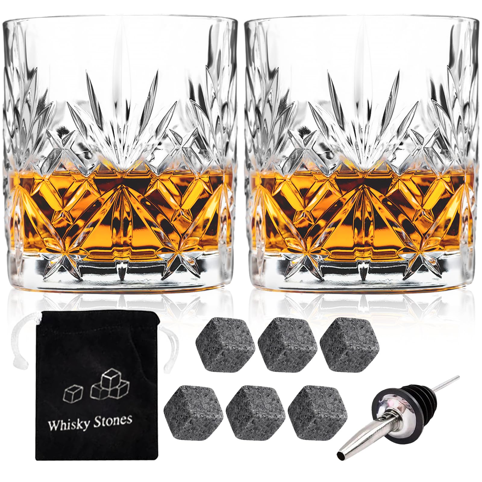 Whiskey Glasses Set of 2 Vintage Whisky Tumblers 300ml Drinking Glasses Clear Glass Cups Lead Free Bourbon Brandy Rum Cocktail Drinkware Glassware Barware Home Bar Party Men Gift