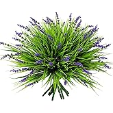 12 Bundles Artificial Grass Fake Plants，Outdoor Fake Monkey Tail Grass with Flowers for Pot UV Resistant Lavender Patio Garden Porch Home Window Hanging Planter Decor Faux Plastic Shrubs(Puper+Green)
