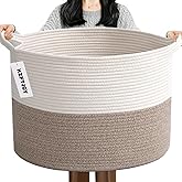 HZFTJOY 65L Large Blanket Basket,19.7" L x 19.7" W x 13" H Rope Woven Baskets with Handles, Toys Storage Bins,Laundry Basket Perfect for Living Room, Nursery,Bedroom,Home Organization,White&Brown