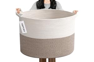 HZFTJOY Large Storage Basket with Handle,19.7" L x 19.7" W x 13" H Blanket Basket Storage Bins for Organizing,65L Cotton Rope Woven Baskets for Living Room, Nursery ,Bedroom,White&Brown