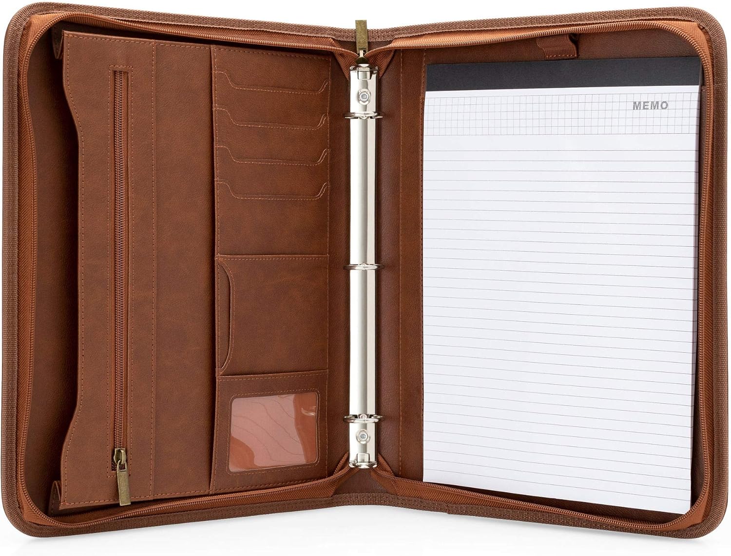 Forevermore 1.5 Inch 3 Ring Binder Portfolio with Zippered Closure and Holds 8.5" x 11" Notepad and Paper/Interview and Resume Document Organizer/Notebook (Brown) : Office Products