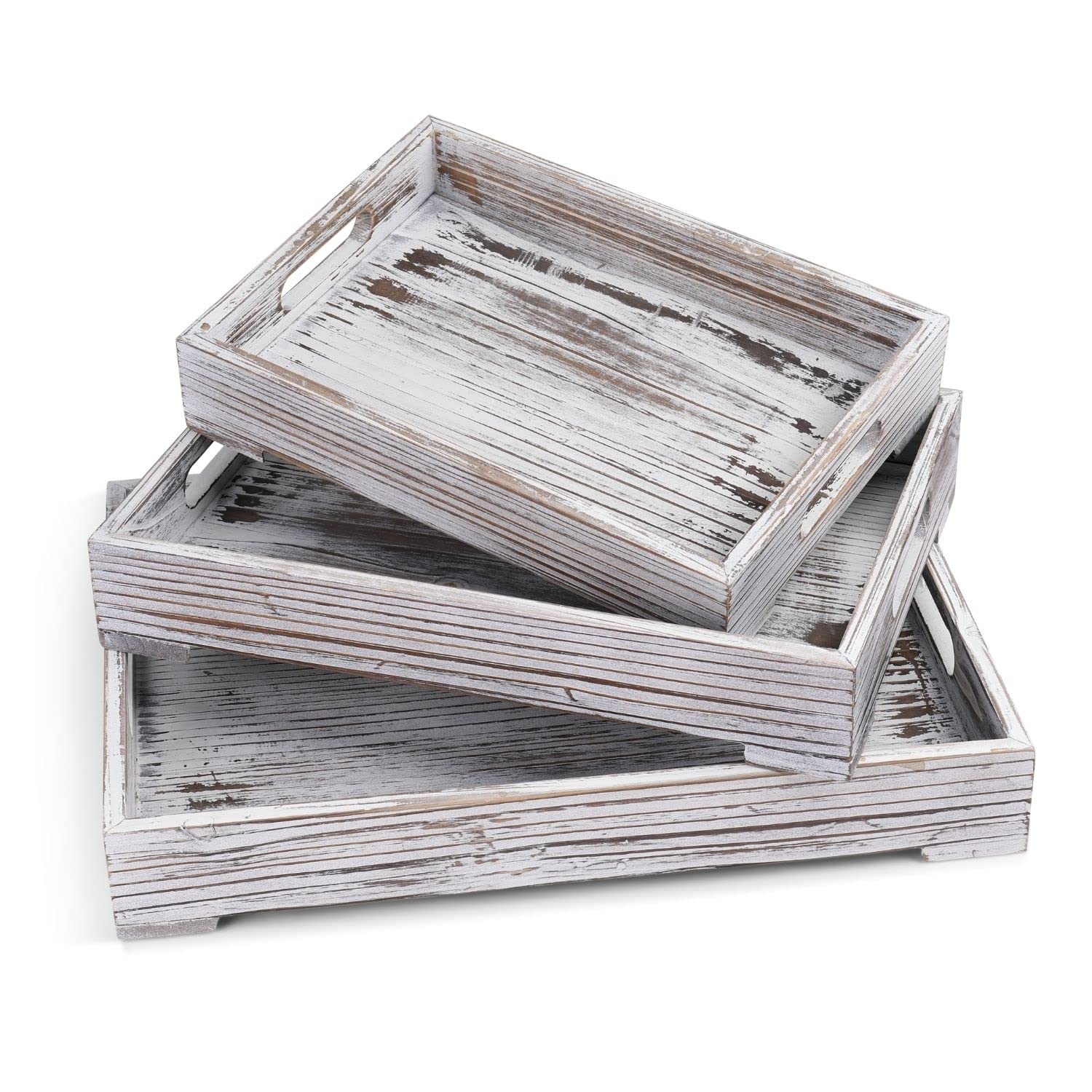 Flexzion Rustic Wooden Serving Tray with Handle - 3-Piece Set of Wooden Trays for Ottomans, Torched Whitewash Nesting Trays for Eating, Decoration, Coffee, Stackable Rectangular Breakfast Trays