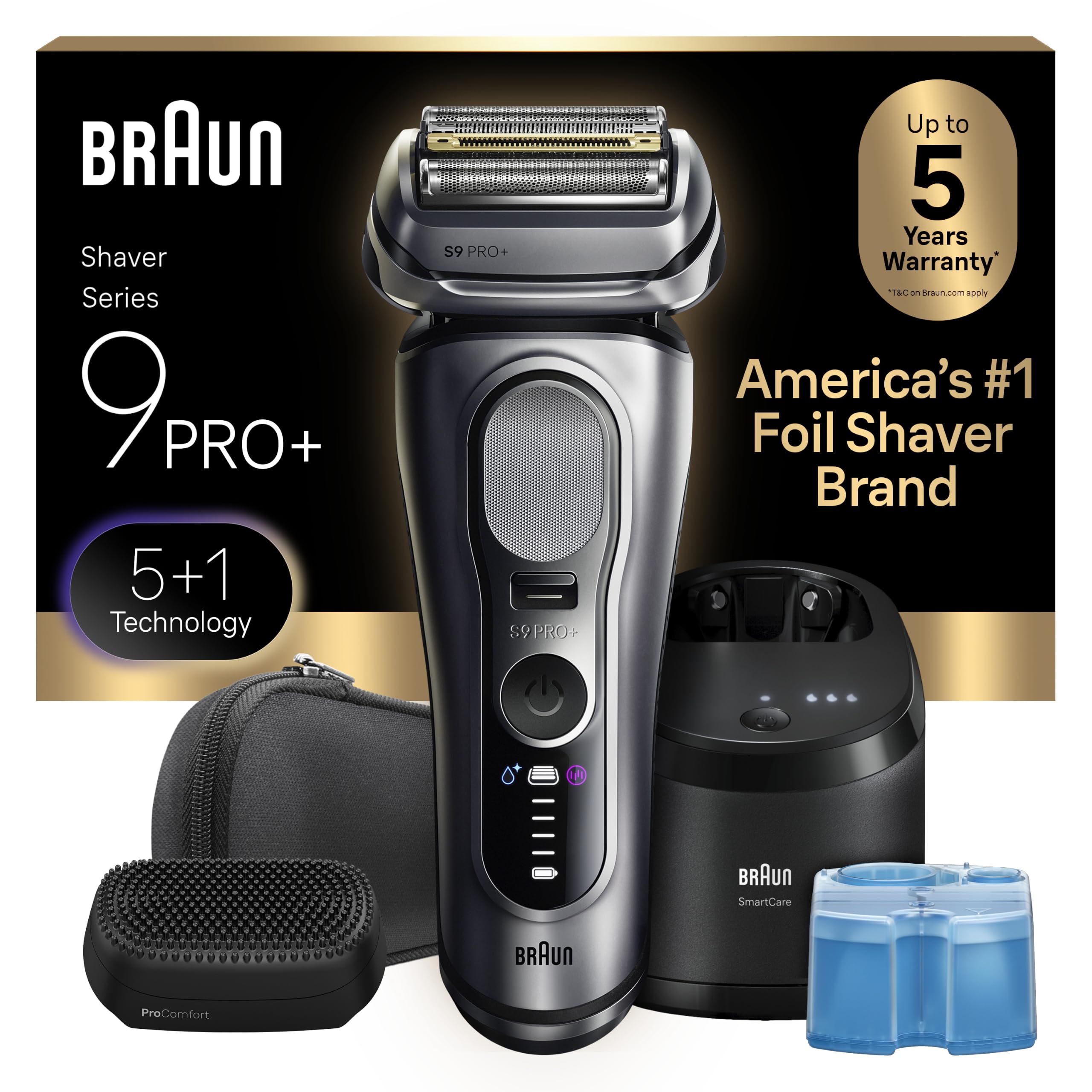 Braun Series 9 PRO+ Afeitadora eléctrica para hombres, maquinilla de afeitar de lámina húmeda y seca, centro de carga y limpieza SmartCare 6 en 1, ProTrimmer de precisión incorporado, accesorio ProComfort, estuche de viaje, plateado 9697 cc