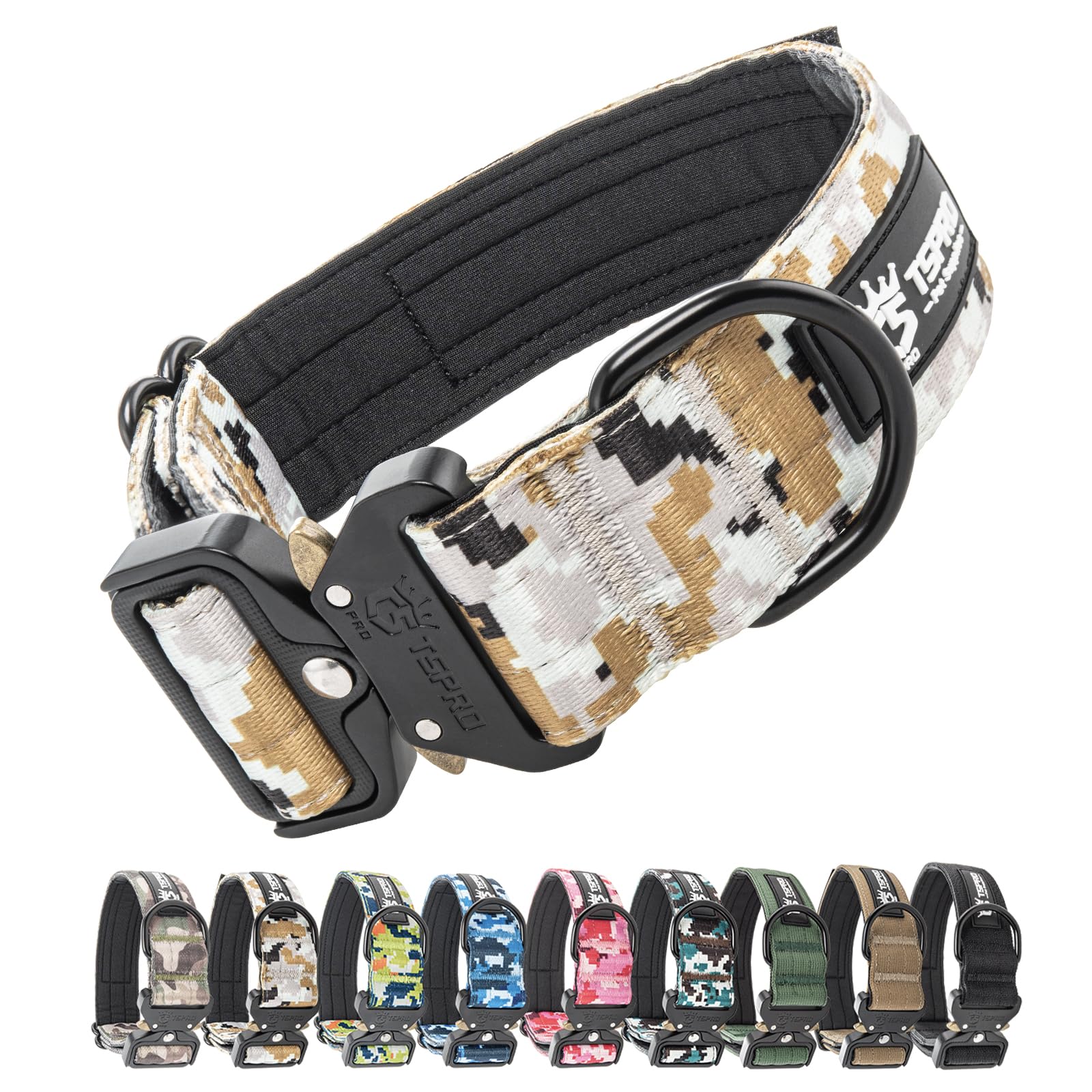 TSPRO Tactical Premium Dog Collar with Patch & Heavy Duty Quick Release Metal Buckle, Adjustable Thick Strong Collar for Medium Large Dogs (Camo Khaki, M) — image 1