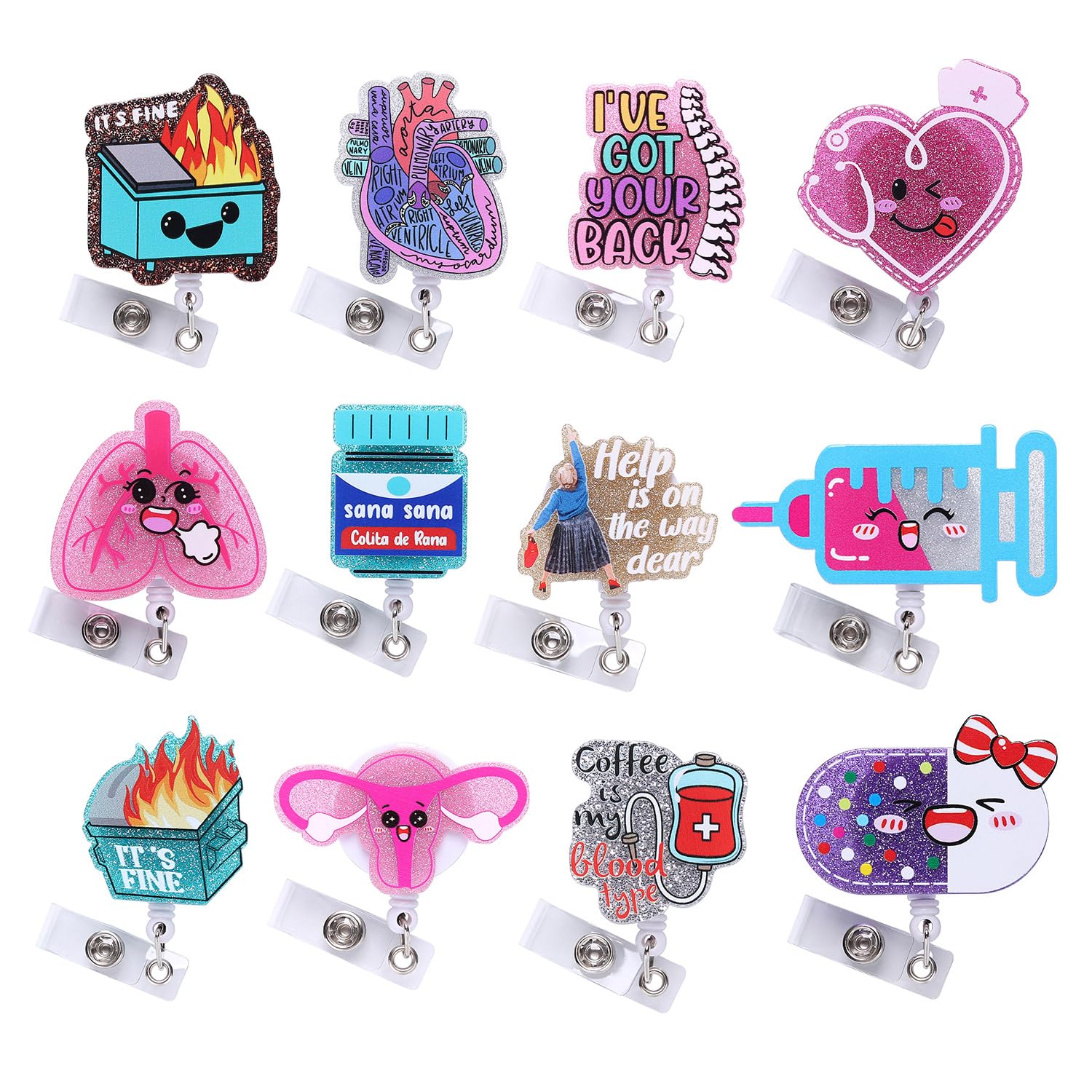 Photo 1 of 12 Pcs Cute Nurse Badge Reels Funny Acrylic Retractable Badge Holder with Alligator Clip Nurse, Cute Cool Id Tag Card Holder Clips for Doctor Student,Teacher,Work Office?Accessories Bulk Gifts