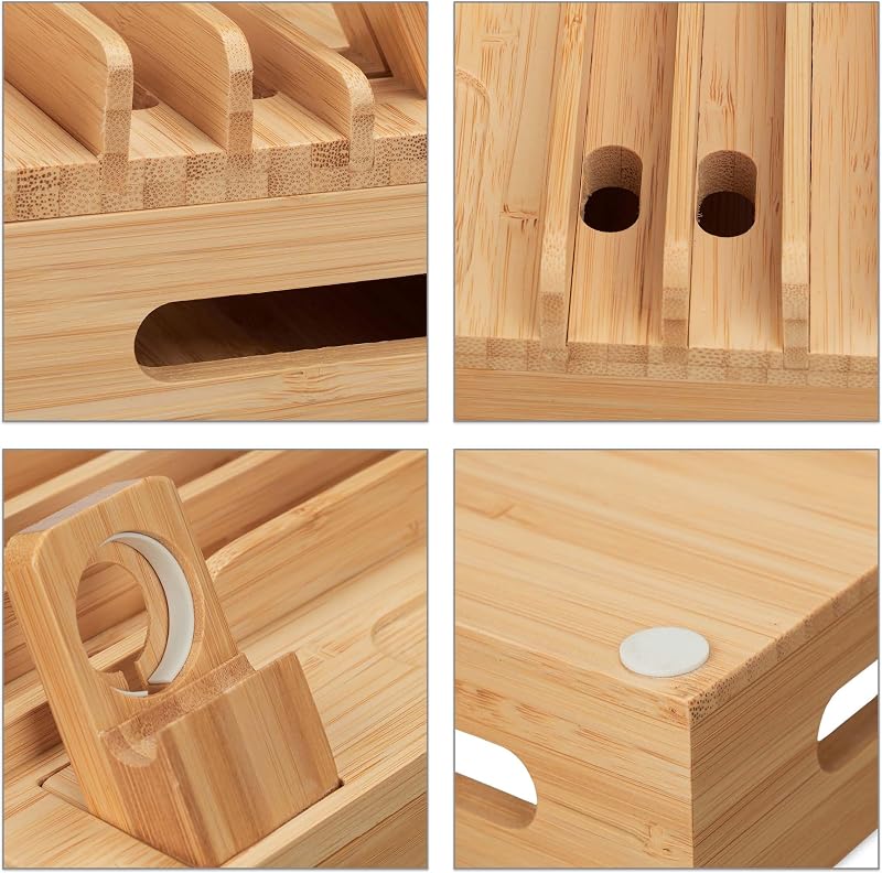 Stazione di Ricarica Multipla, Docking Station bambù, Apple Watch, Smartphone, AirPods, 11x17x13 cm, Naturale