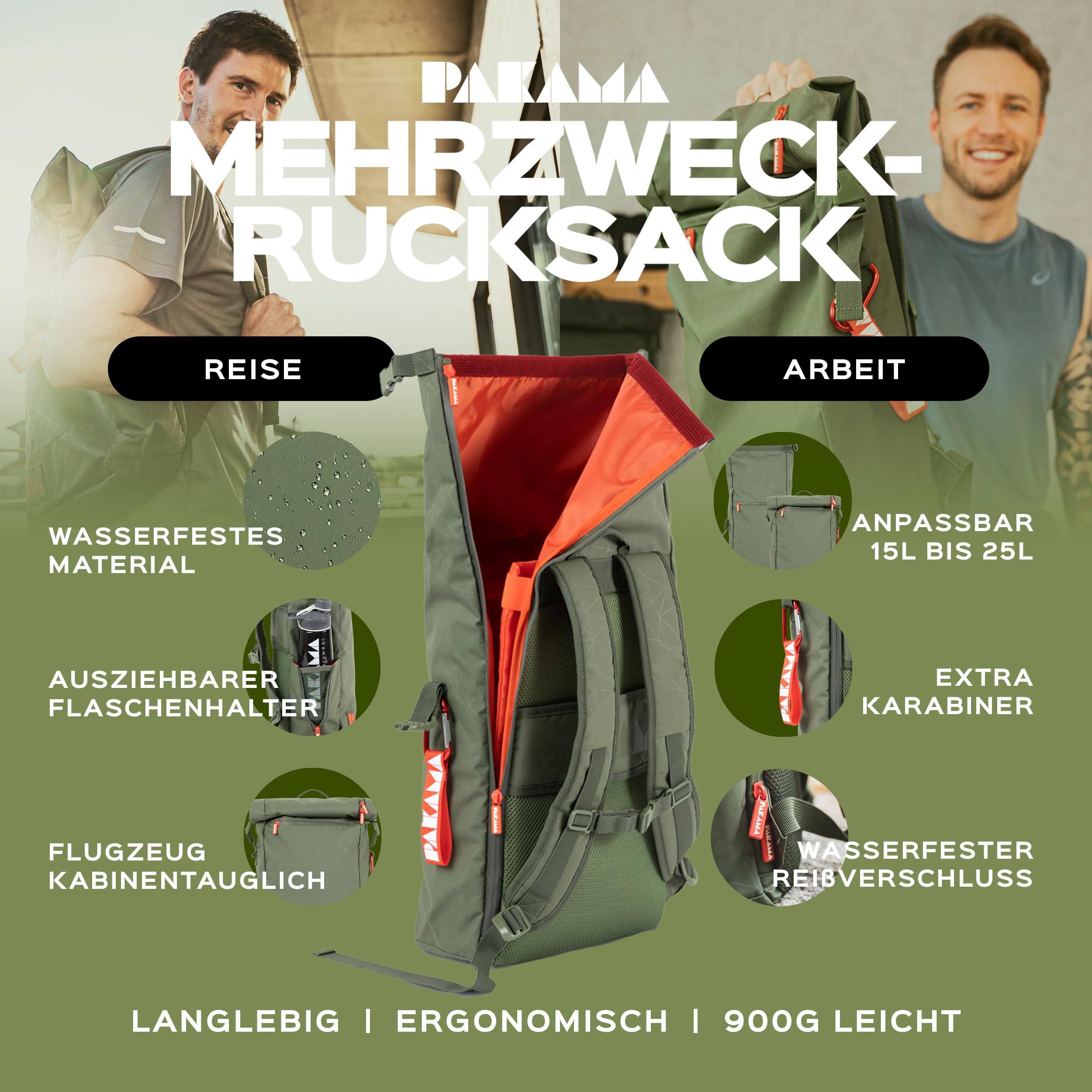 PAKAMA - Daypack Rucksack mit Rolltop 25l für Damen & Herren Grün klein - Wanderrucksack & Fahrradrucksack wasserdicht Arbeit & Wandern mit Laptop-Fach - Reiserucksack & Trekkingrucksack 3