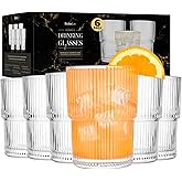 Kitchen Lux Ribbed Drinking Glasses - Ribbed Glass Cups 15 oz - Ribbed Glassware Set of 6 - Textured Vintage Retro Ripple Aesthetic Glass Ware for Whiskey Cocktail Beer Water, Coffee Bar Accessories