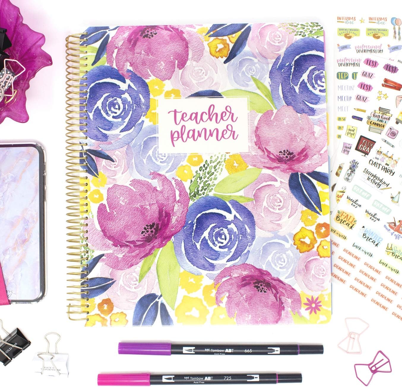 bloom daily planners Undated Academic Year Teacher Planner - Lesson Plan Calendar Book - 9" x 11" - Watercolor Floral : Office Products