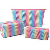 Y1tvei Rainbow Gradient Makeup Bag - 3Pcs Rainbow Colored Gradient Makeup Bag Colorful Leather Waterproof Fantasy Cosmetic Pouch Carry Makeup Brush Bag Zipper Travel Toiletry Organizer Gifts for Women