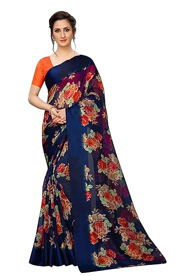 RAJESHWAR FASHION With RF Womens Kota Doria Linen Saree With Blouse Piece (FLORA 01 DARK BLUE_Navy Blue)