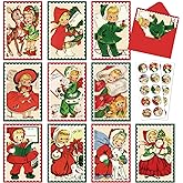 AnyDesign 30 Pack Christmas Cards Retro Xmas Greeting Cards with Stickers Envelopes Vintage Blank Note Cards for Christmas Baby Shower Birthday Party Supplies, 4 x 6 Inch