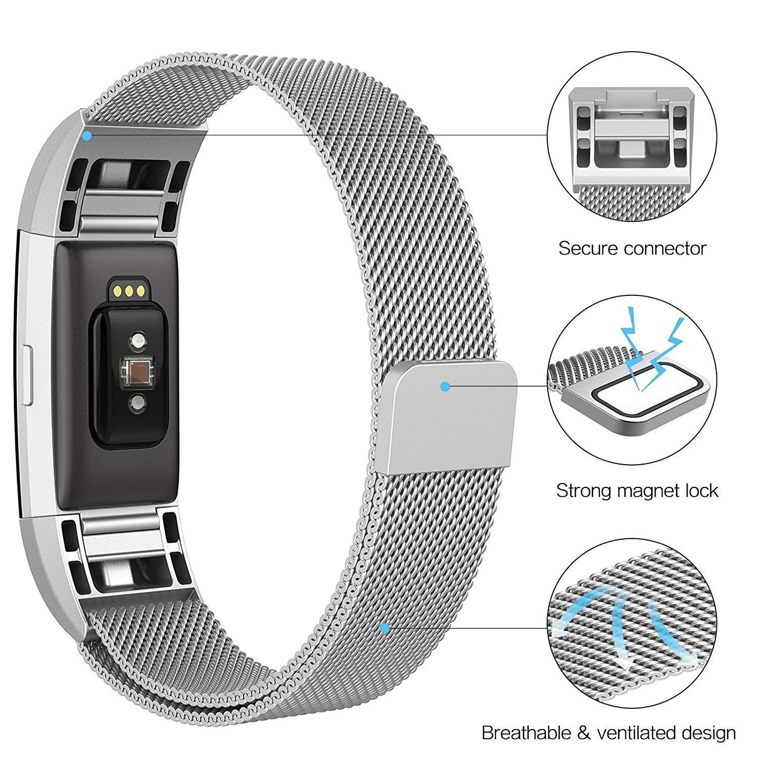 Fun Sponsor Fitbit Charge 2 Armband, Milanese Edelstahl Handgelenk Ersatzband Armbänder mit Magnet-Verschluss für Fitbit Charge2 Silber + Bonus Displayschutzfolie by
