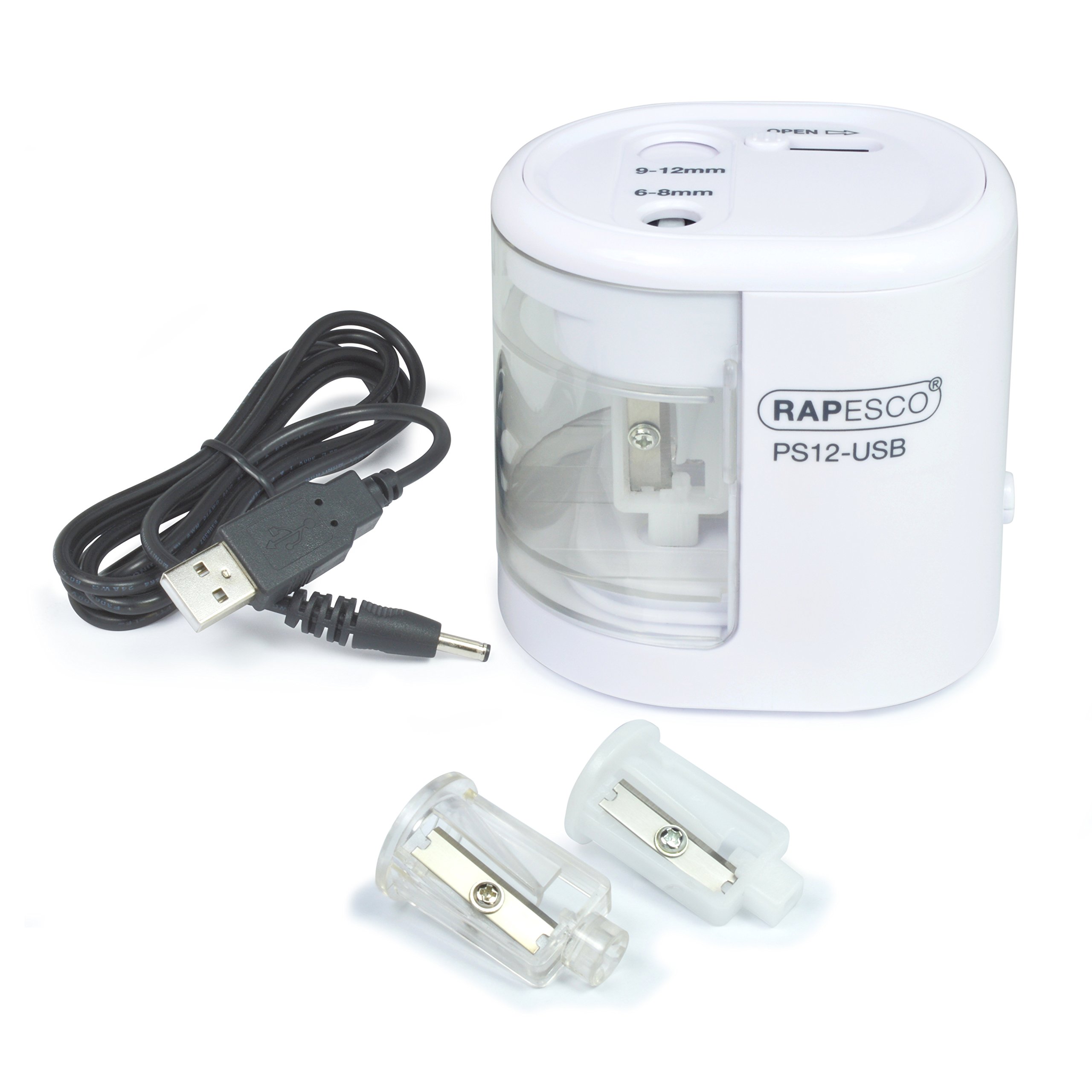 Rapesco 1448 PS12-USB Automatic/Electric Pencil Sharpener with USB or Battery (not Included) Charging, White