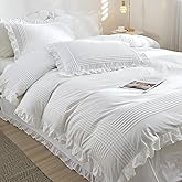 RANZNAZ White Ruffle Duvet Cover King Size with Pintucks, 3 Pieces 100% Cotton Duvet Cover Set with Snaps for All Seasons, 1 Duvet Cover and 2 Pillowcases