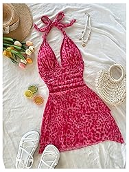 BEAUDRM Women's Floral Print Sleeveless Halter Deep